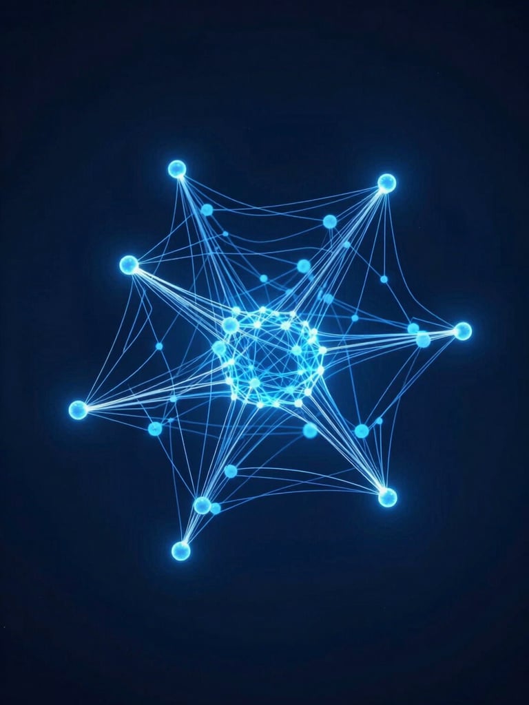 Wide-frame studio render of an abstract 3D neural network: luminous electric-blue nodes connected by fine white pathways, floating in deep navy space, high-magnification detail of a central connection cluster, sharp contrast, no people, no text