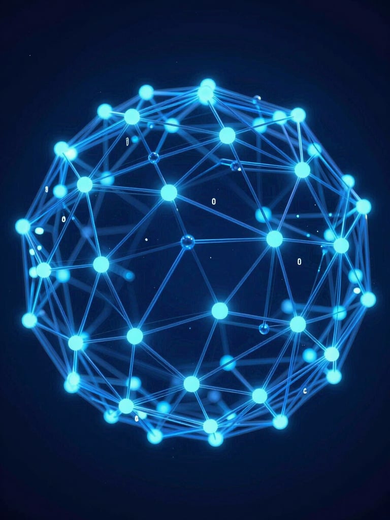 Wide macro view of a glowing 3D digital node network at high magnification, electric blue connection points and data pathways on a deep navy background, sharp studio lighting with precise geometric topology, no people