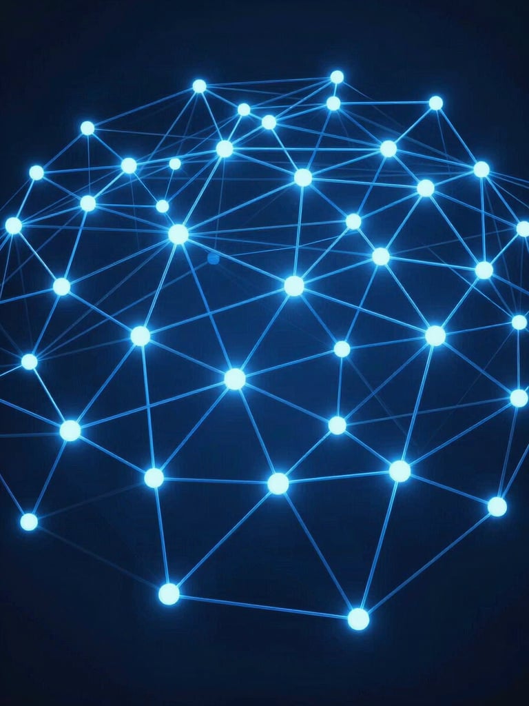 Wide panoramic overhead view of a glowing 3D network topology, electric blue node connections branching across a deep navy surface, sharp studio render, high magnification detail of connection points, no text, no people