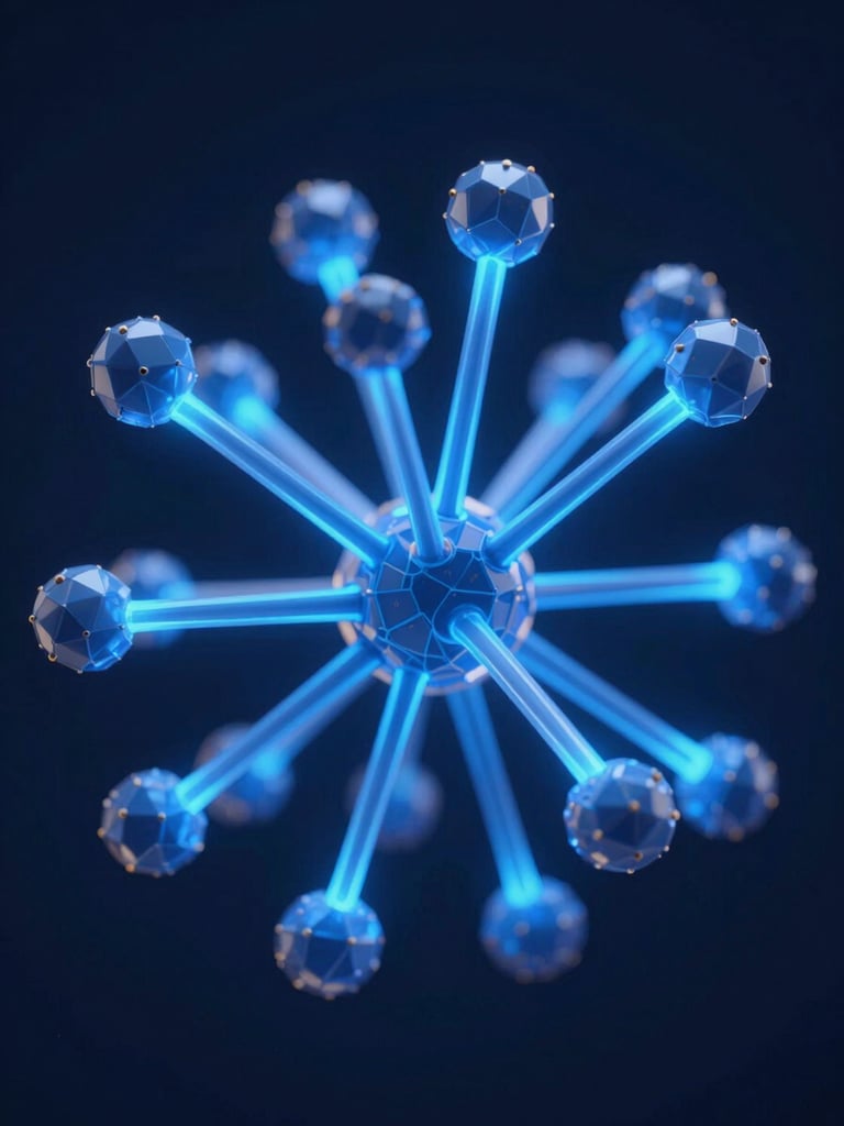 Close-up macro render of a 3D digital node cluster, electric blue glowing pathways branching outward against deep navy, sharp studio lighting, geometric precision, no text, no people, abstract institutional technology