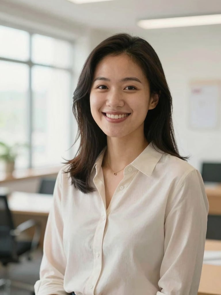A warm, natural portrait of a smiling female community leader in an open, bright office space, soft natural daylight, optimistic tones, clean composition, 35mm lens