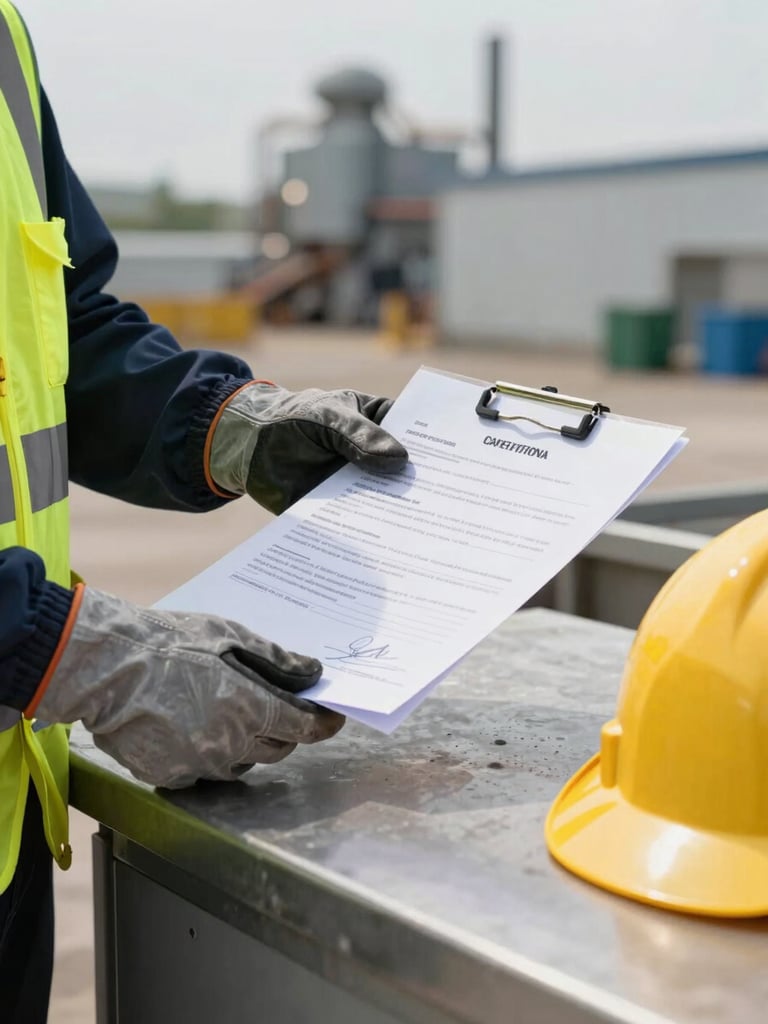Close-up of a worker's gloved hands holding a safety certification document on a metal site desk, hard hat and hi-vis vest visible in the foreground, blurred industrial facility in background, natural daylight