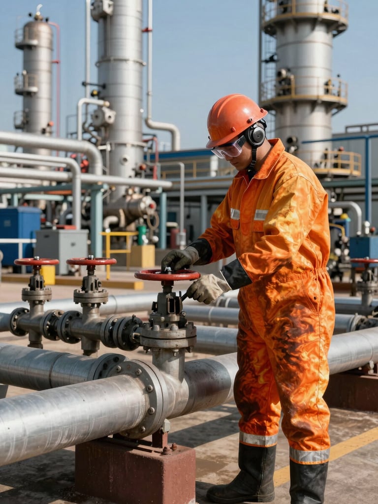 Worker in full PPE — flame-resistant coveralls, safety goggles, and gloves — operating a valve on a petrochemical refinery pipeline, industrial vessels and pipework filling the background, strong directional daylight casting hard shadows on equipment