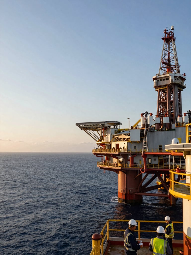 Wide panoramic view of an offshore oil platform at golden hour, towering steel structures and flare stacks to the right third, workers in hardhats and hi-vis vests on the deck in the foreground, vast open sea stretching to the horizon on the left