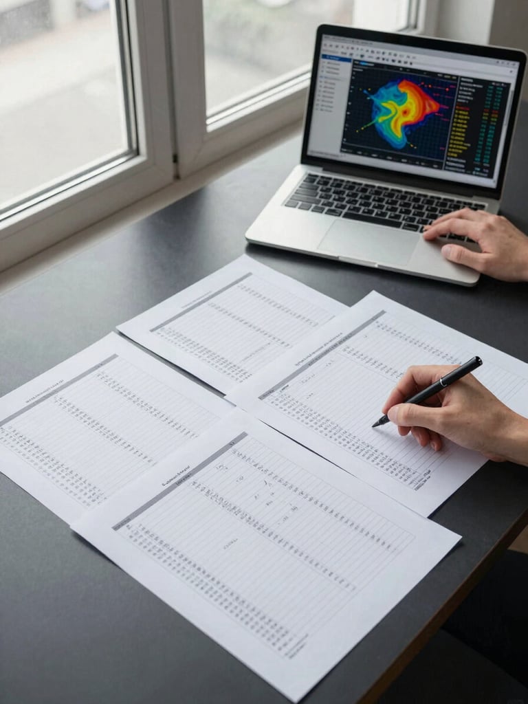 Wide workspace shot from above — printed spreadsheets and a laptop showing competitive bidding heat map data spread across a matte black desk, hands visible at keyboard, cool daylight through a frosted window, flat clinical lighting