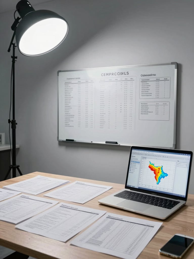 Wide overhead shot of a workspace desk with printed spreadsheets, a whiteboard covered in competitor bidding data, and a laptop showing a keyword heat map, cool shadowless studio light, clinical and sparse