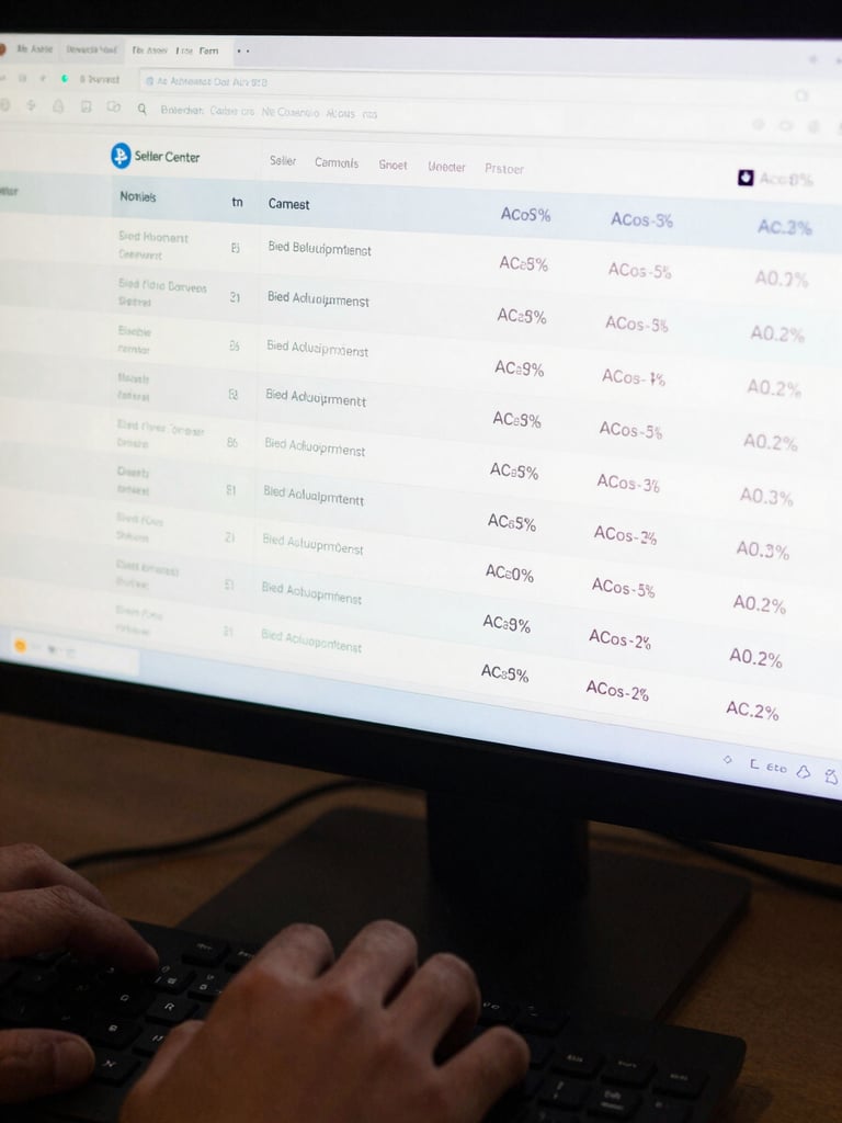Close-up overhead view of a monitor displaying a Seller Central campaign dashboard, bid adjustment columns and ACoS percentages visible in crisp rows, hands on keyboard at the bottom edge, cool studio lighting, clinical and shadowless