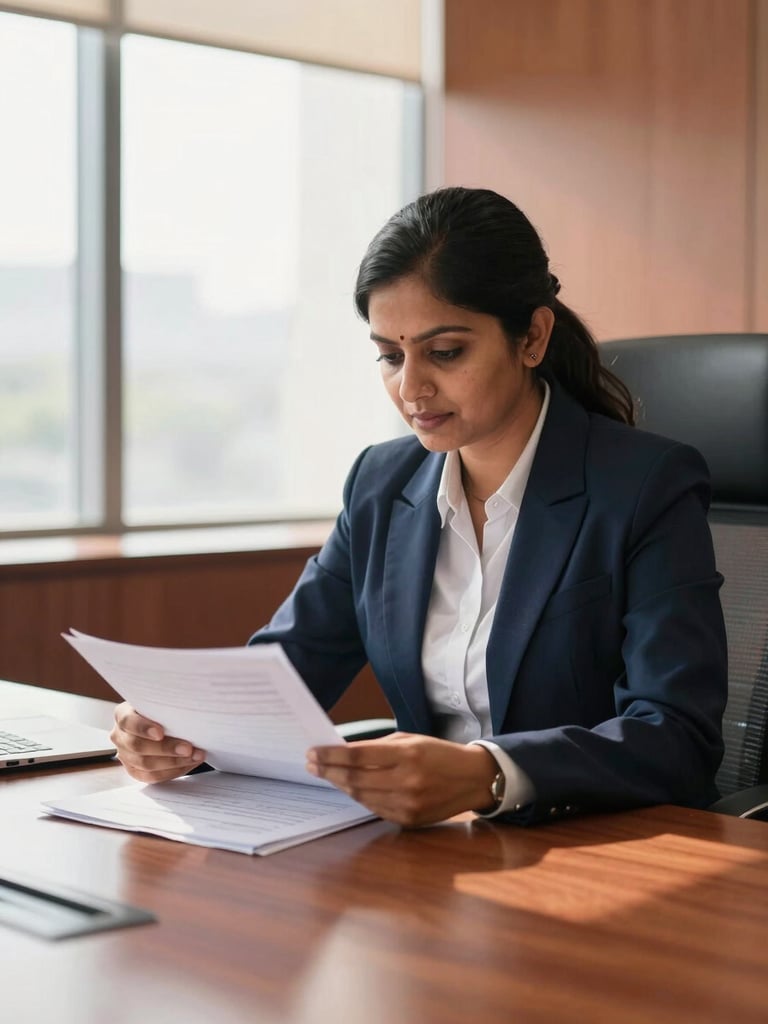 Professional environmental portrait of a focused Indian corporate compliance officer analyzing documents in a bright, modern Delhi boardroom, warm natural window light, shallow depth of field, 35mm