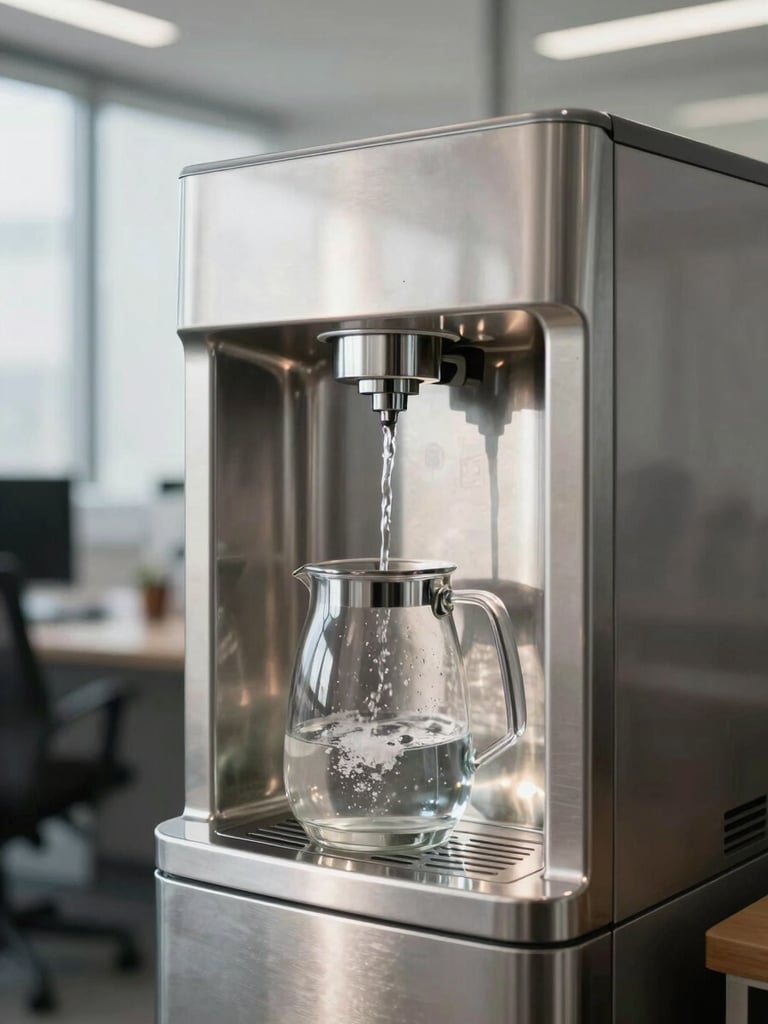 Close-up of a high-end stainless steel water dispenser in a sunlit modern office breakroom, crisp daylight reflecting off a glass carafe being filled, clean lines.