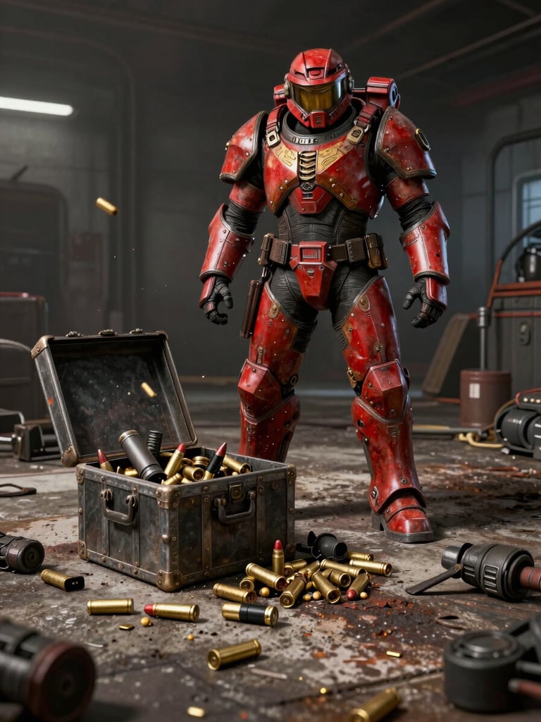 Low-angle medium shot of a heavily armored Rust player standing over an open metal loot crate spilling ammunition and gear onto a scorched concrete floor, hard tungsten muzzle-flash lighting from the left casting deep shadows, desaturated reds and gold highlights on the armor plating, motion blur on falling items, industrial raid interior background