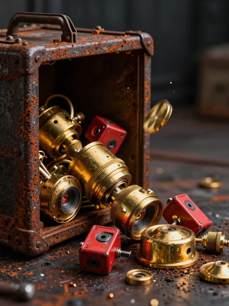 Extreme close-up of a Rust loot crate burst open on scorched metal floor — gold and red equipment spilling out, hard tungsten strobe catching the metallic surfaces at a raking angle, motion blur on falling items, deep shadow background, no text or UI elements