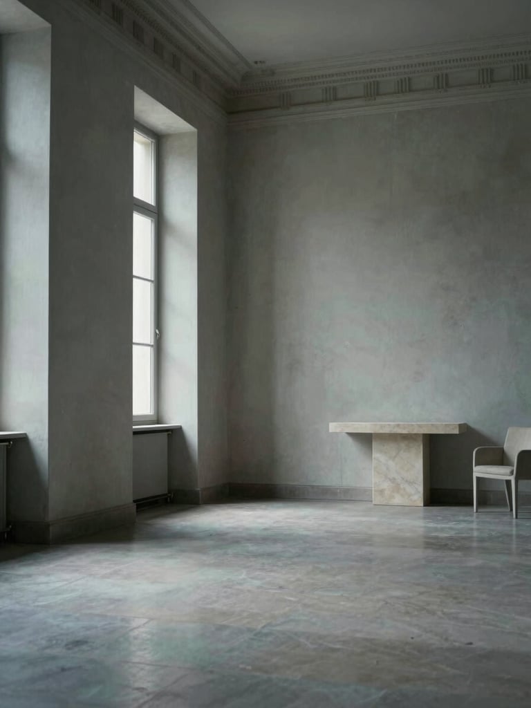 Wide interior room photographed from a low angle to the left, tall plaster walls with subtle classical molding, a single slender window casting soft north light across the floor, minimal furniture — a pale stone console and one chair — generous empty floor space dominating the frame, cool-toned daylight, no people