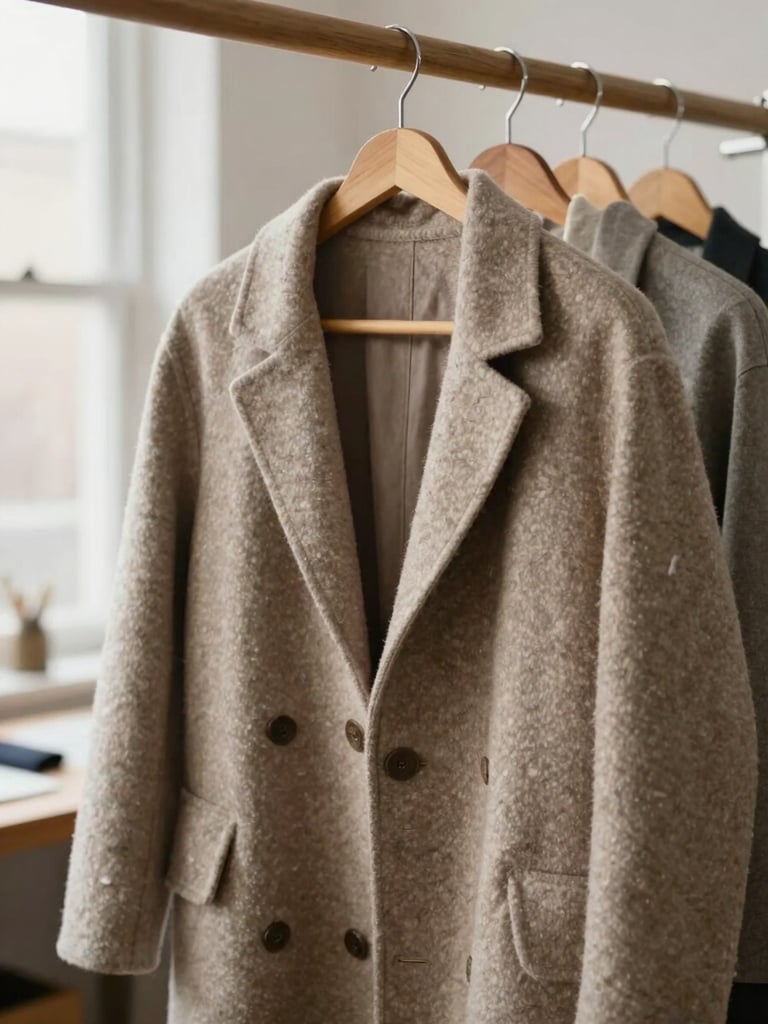 A neatly hung altered wool coat on a wooden hanger in a bright, clean North York tailoring workshop, soft natural light.