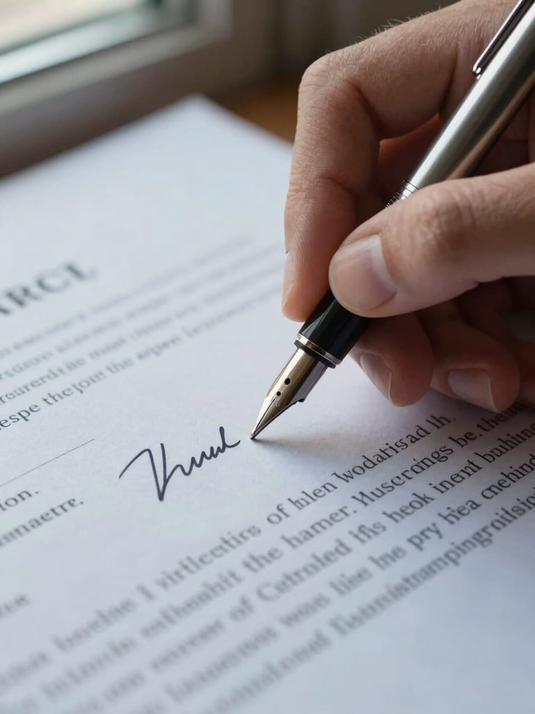 Extreme close-up of a hand holding a fountain pen over a dense contract page, cool natural window light from the left, sharp focus on the signature line, no face visible