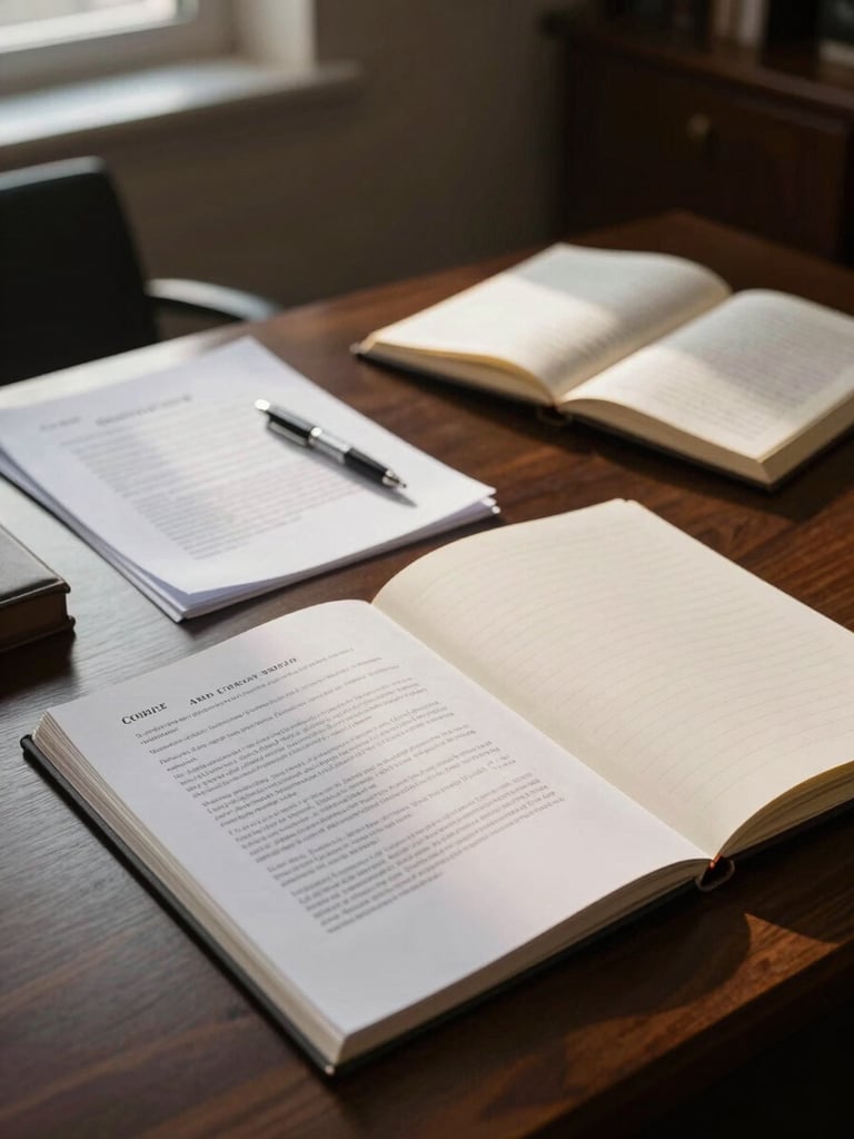 Wide environmental shot of a quiet law office desk at dusk, legal documents and an open notebook spread across a dark wood surface, cool natural light entering from the left, pen resting beside a typed contract page, no people present