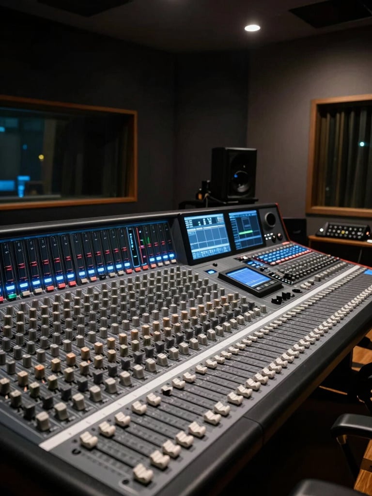 Wide shot of a dark professional recording studio, mixing console filling the foreground, screen glow from DAW monitors casting blue-white light on faders and channel strips, deep shadows in the background, no people visible