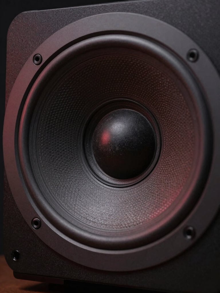 Extreme close-up of a large-format studio monitor speaker cone in a dark room, screen glow casting a faint red rim on the driver edge, deep black background, no people