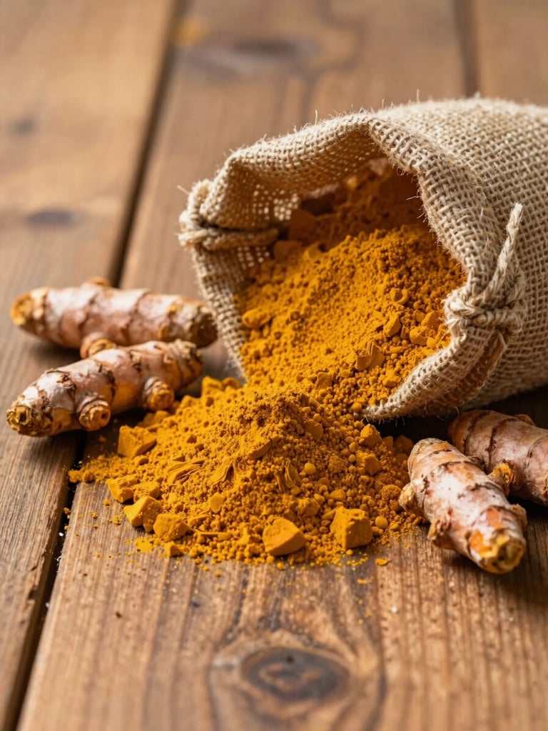 Vibrant golden turmeric powder and whole spice pods spilling from a small burlap sack on a rustic wooden table.