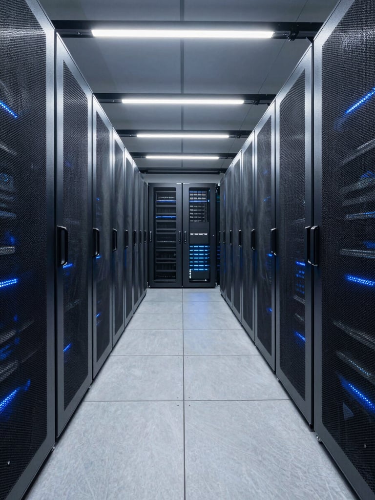 Clean architectural wide angle shot of a modern data center corridor, cool slate gray tones, subtle blue LED lighting, symmetrical perspective