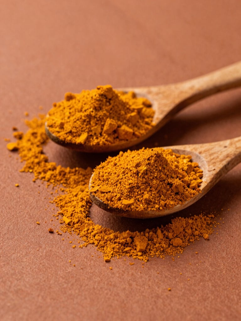 Macro texture of raw vibrant turmeric and chili powders piled on rustic wooden spoons, warm high-contrast side lighting, rich terracotta tones
