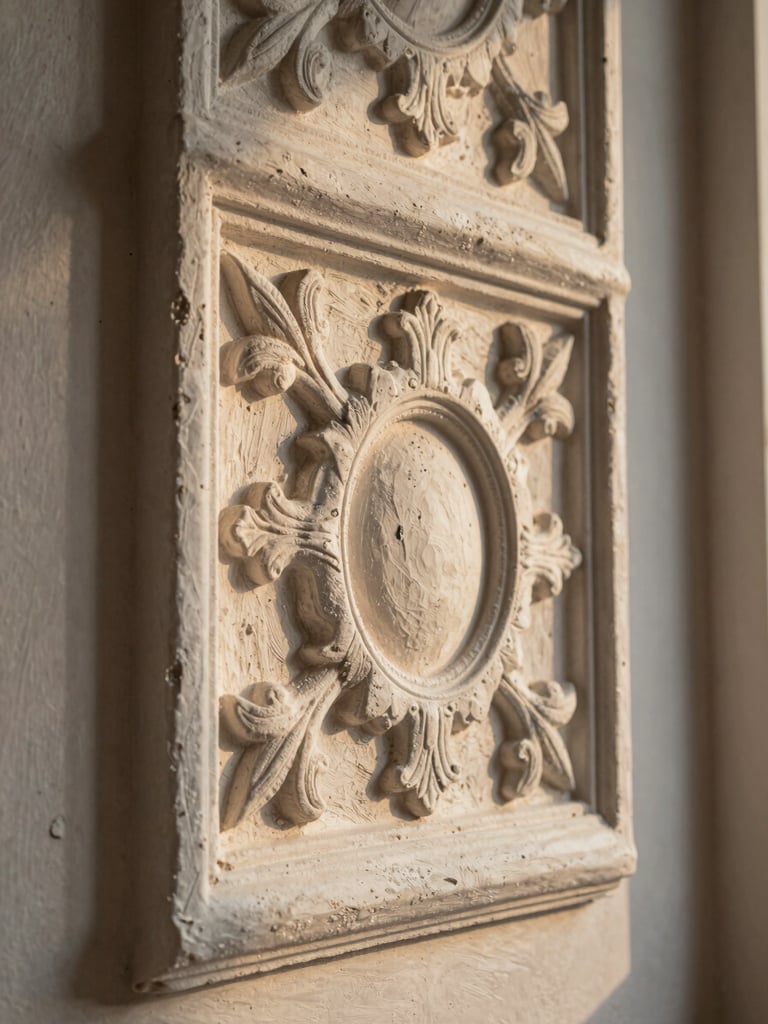 Raking side-light study of a finished decorative plaster wall, close-up detail of layered relief texture showing the depth of a hand-applied venetian plaster finish, natural golden-hour light catching the high points of the surface to reveal material quality