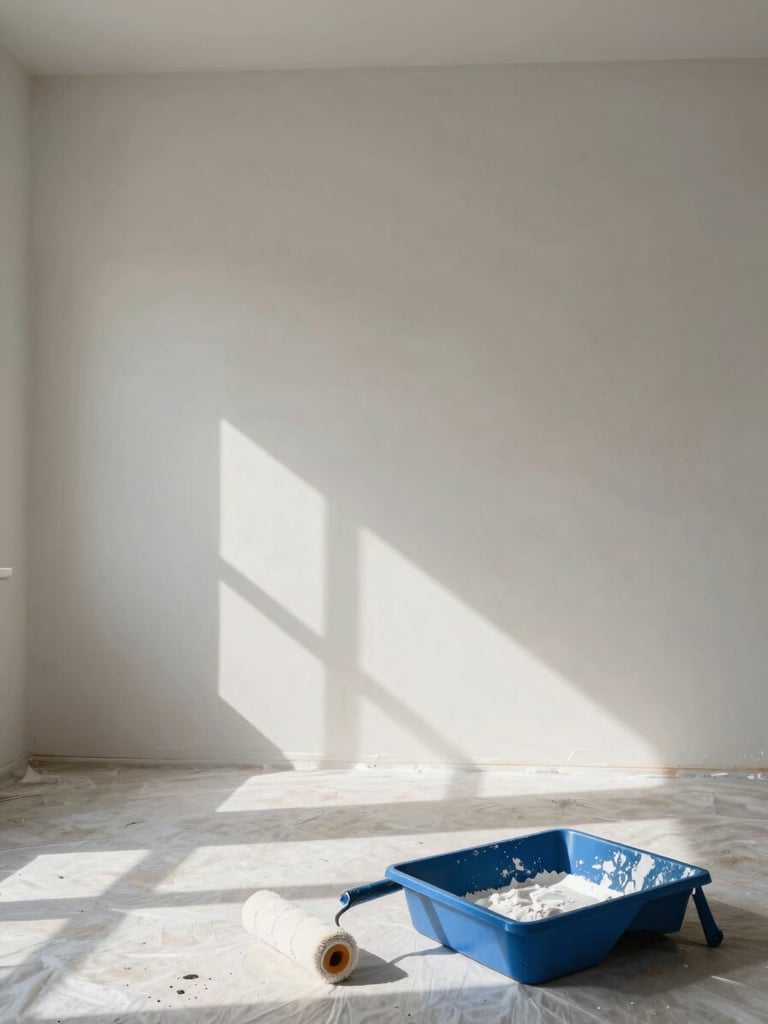 Wide environmental shot of an empty room mid-project, roller and paint tray resting on a dustsheet in the foreground, freshly primed walls catching oblique north-facing daylight that reveals the uniformity of the flat surface, no furniture or decoration