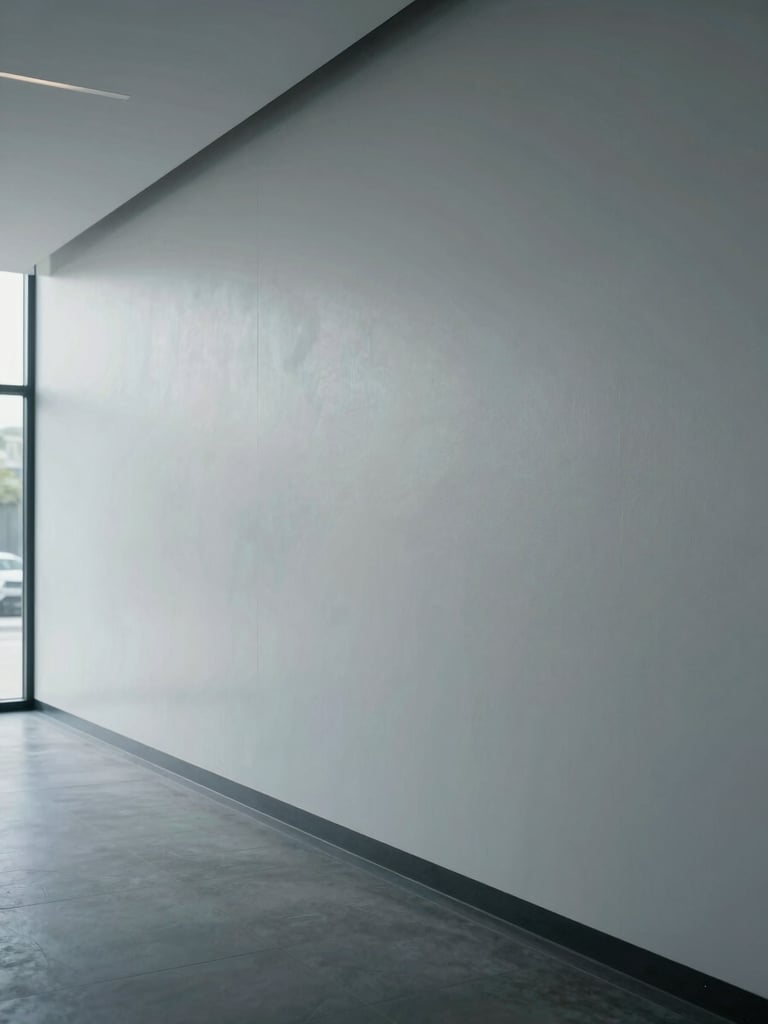 Wide-angle view along a finished commercial lobby wall, natural north-facing daylight entering from the left, the plaster surface stretching across the entire frame as a continuous flat plane, no furniture or people, subtle light gradation revealing surface uniformity, cool overcast light, close to the wall surface