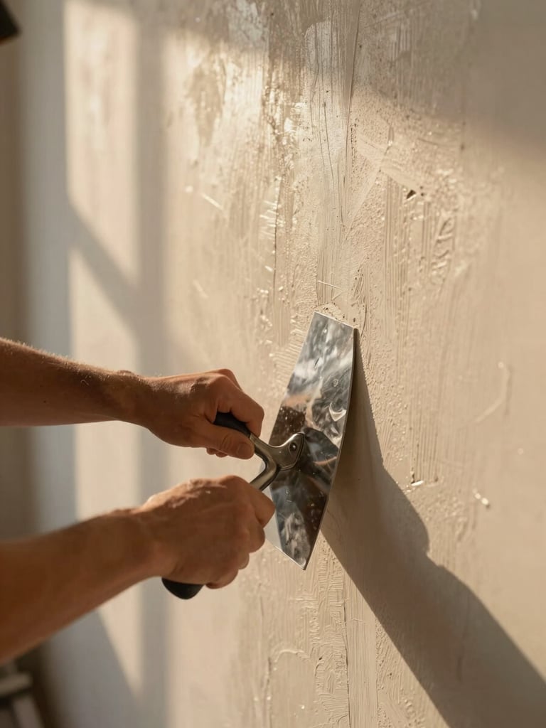 Close-up of a craftsman's hands pressing a steel trowel flat against a freshly applied plaster surface, golden-hour side-light raking across the wall from the left to reveal the texture and uniformity of the coat, no background visible beyond the wall plane, natural warm daylight only