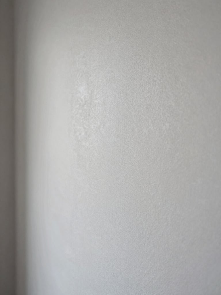 Extreme close-up of a freshly plastered interior wall surface, raking north-facing daylight from the left edge revealing the smooth, uninterrupted plane of fine plaster — no imperfections, no tool marks, only the material itself in cool natural light