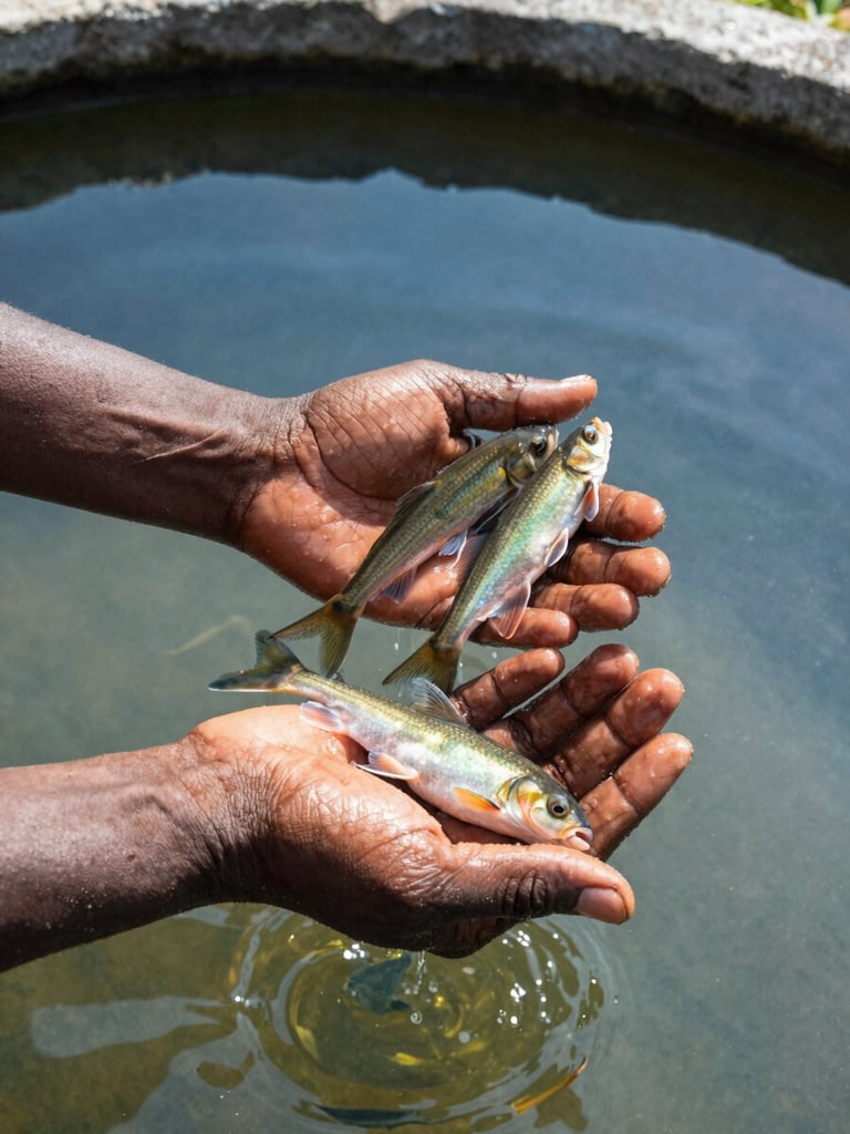 Hands holding healthy fingerlings over a clean concrete fish pond, bright natural Ghanaian daylight, glistening water