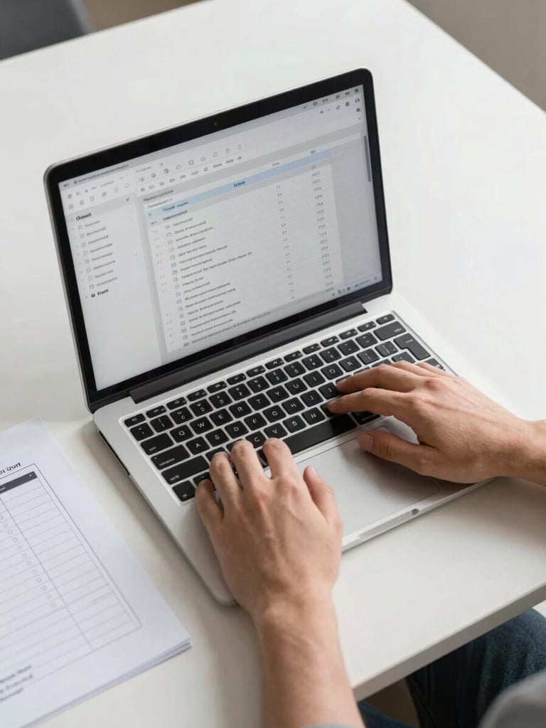 Wide environmental shot of a full desk setup in flat north-facing daylight — laptop open with task management software on screen, a printed task checklist beside the keyboard, clean surface with no decor, hands resting on keyboard mid-entry