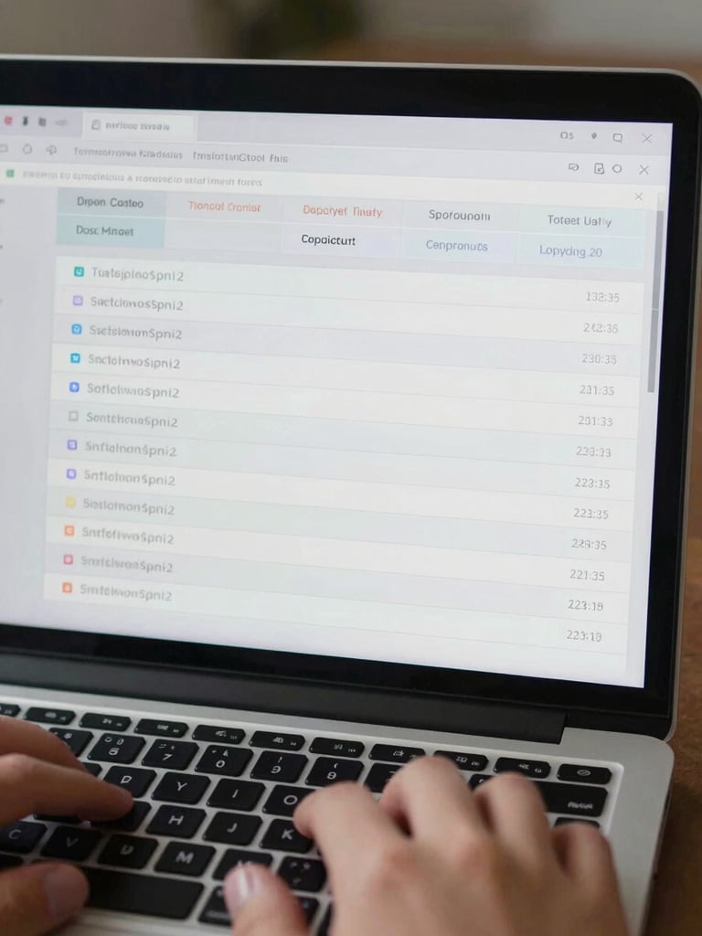 Close-up overhead view of a laptop screen showing a task management interface with open tickets and timestamped completion notes, natural north-facing daylight, hands resting on keyboard at lower edge of frame, screen detail crisp and readable