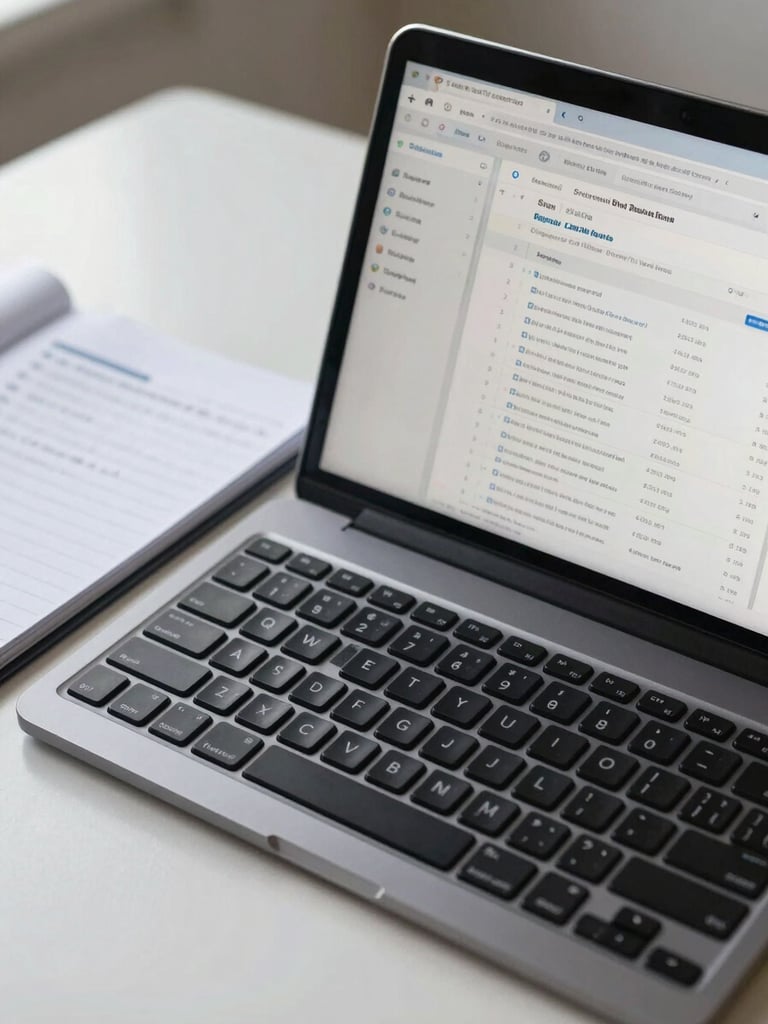 Close-up wide shot of a tidy desk setup in flat north-facing daylight — laptop screen showing multiple open browser tabs and a support ticket queue, a mechanical keyboard in the foreground, a legal pad with handwritten task notes to the left, no people visible, sharp and clean