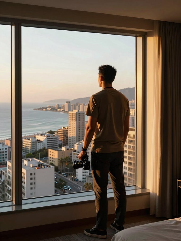 Male travel creator standing at a floor-to-ceiling hotel suite window, back to camera, overlooking a coastal city at golden hour — warm light flooding the room from the right, dark interior framing the luminous cityscape beyond, camera hanging at his side
