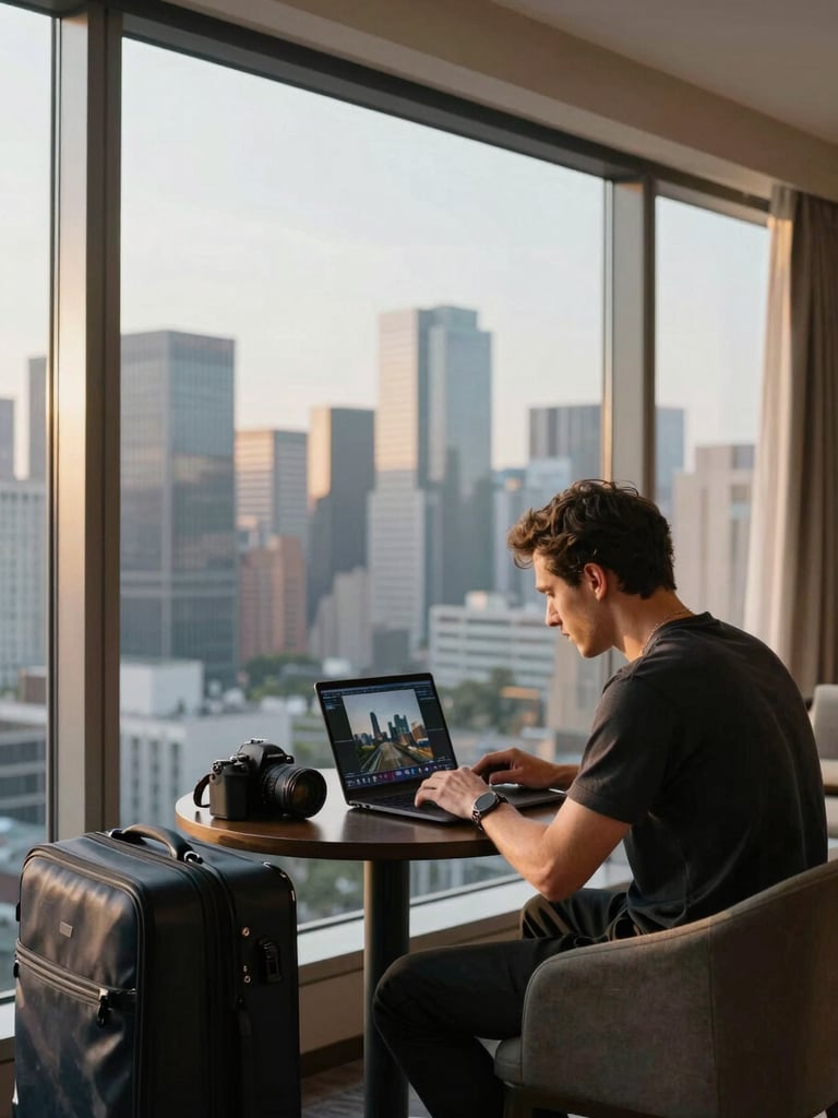Wide environmental shot of a male travel creator seated at a hotel suite window, reviewing camera footage on a laptop, golden afternoon light pouring through floor-to-ceiling glass, luggage and a camera resting on the side table, city skyline visible beyond the glass