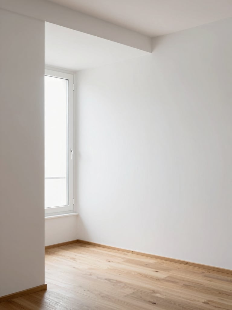 Architectural interior photography of a minimalist Spanish apartment, clean white plaster walls meeting natural oak wood flooring, soft daylight from a high window, sharp details, 35mm.