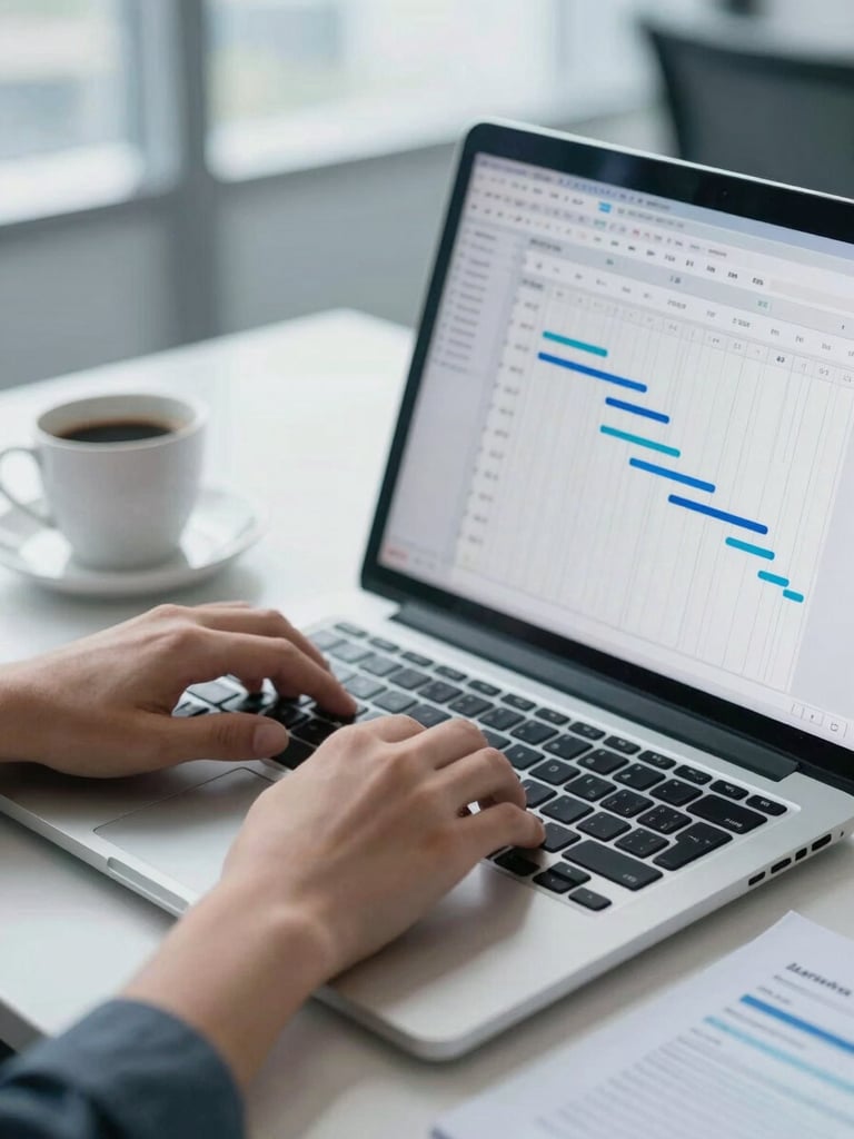 Close-up of hands typing on a laptop keyboard, a detailed Gantt chart or project management software visible on the screen, a cup of coffee and organized notes on a desk, bright natural office daylight, cool blue and slate tones, sharp focus, architectural framing, 35mm, subject on the left.