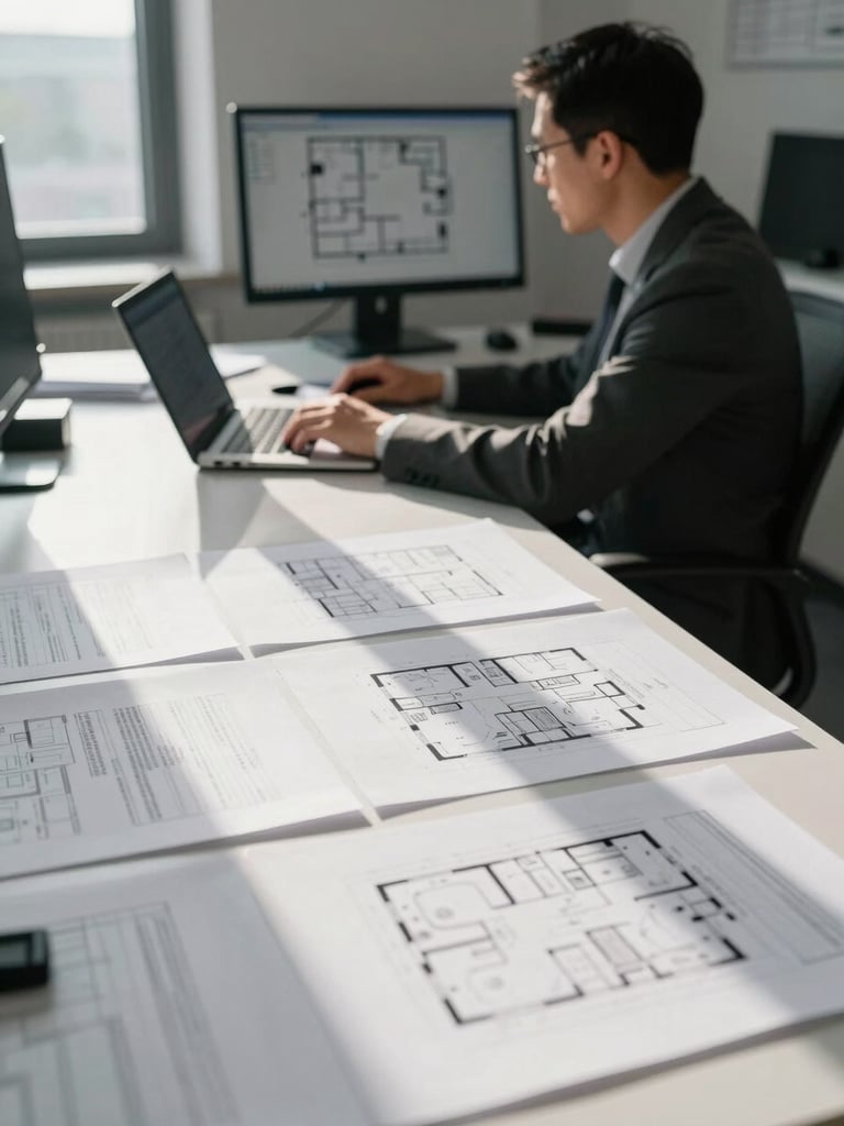 Wide interior shot: agent seated at a desk covered in printed comp sheets and a laptop, natural window light raking across the papers, architectural floor plan visible on a second monitor in background, no people looking at camera