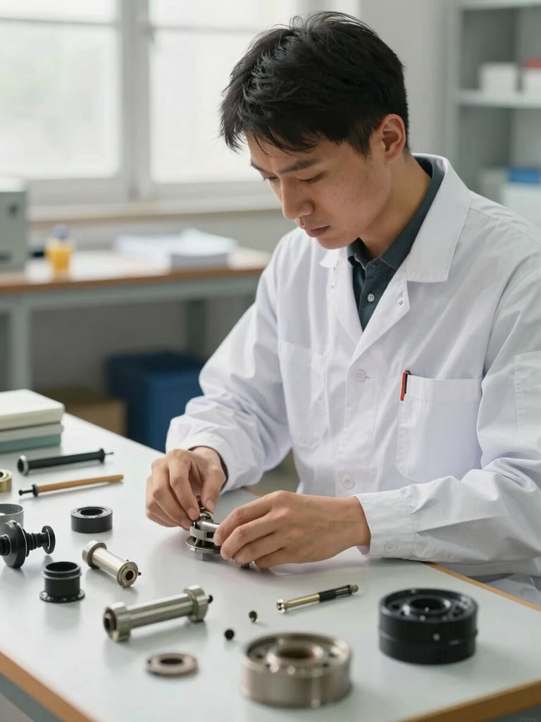 Medium shot of a technician in a crisp uniform organizing genuine spare parts on a clean work mat, bright neutral daylight.
