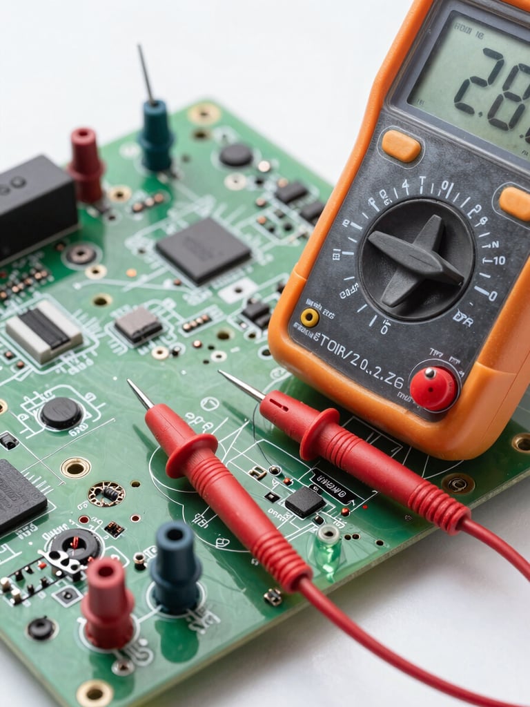 Tight macro shot of a digital multimeter testing a clean electronic control board, bright neutral daylight, safety-orange test leads, precise engineering focus.