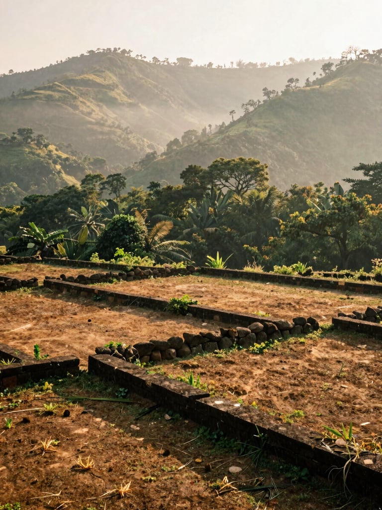 Sun-drenched plot of land in Lonavala with clear stone boundaries, misty hills in the background, warm editorial photography, 35mm