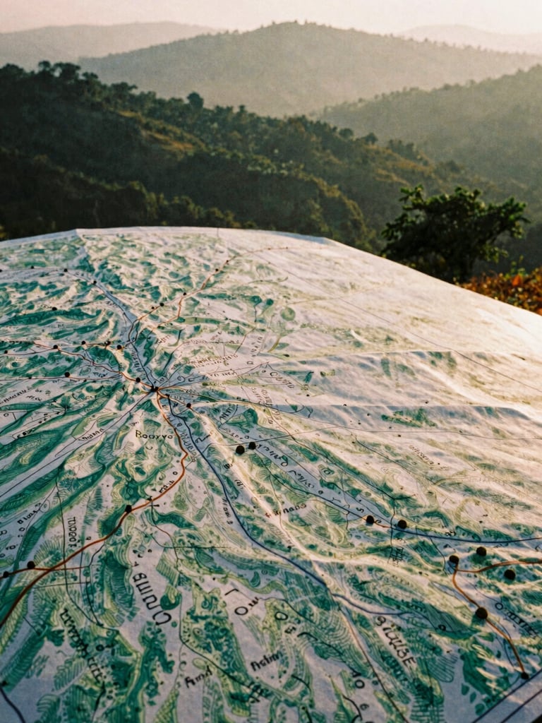 Close-up of a physical land map of Lonavala hills, warm morning light on textured paper, green ink highlights, 35mm photography