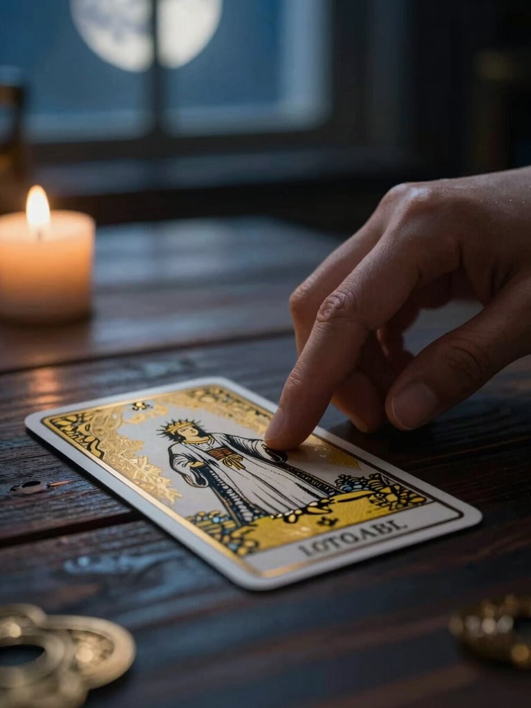 Close-up of a hand gently touching a beautifully designed gold-accented tarot card on a dark wooden table, soft moonlight filtering through a window, mystical and editorial feel.