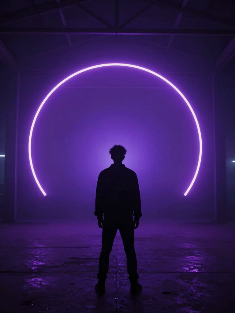 Extreme wide cinematic still — a lone silhouette backlit by a deep violet neon arc in a fog-filled warehouse, darkness consuming the edges, high-contrast rim light, atmospheric haze