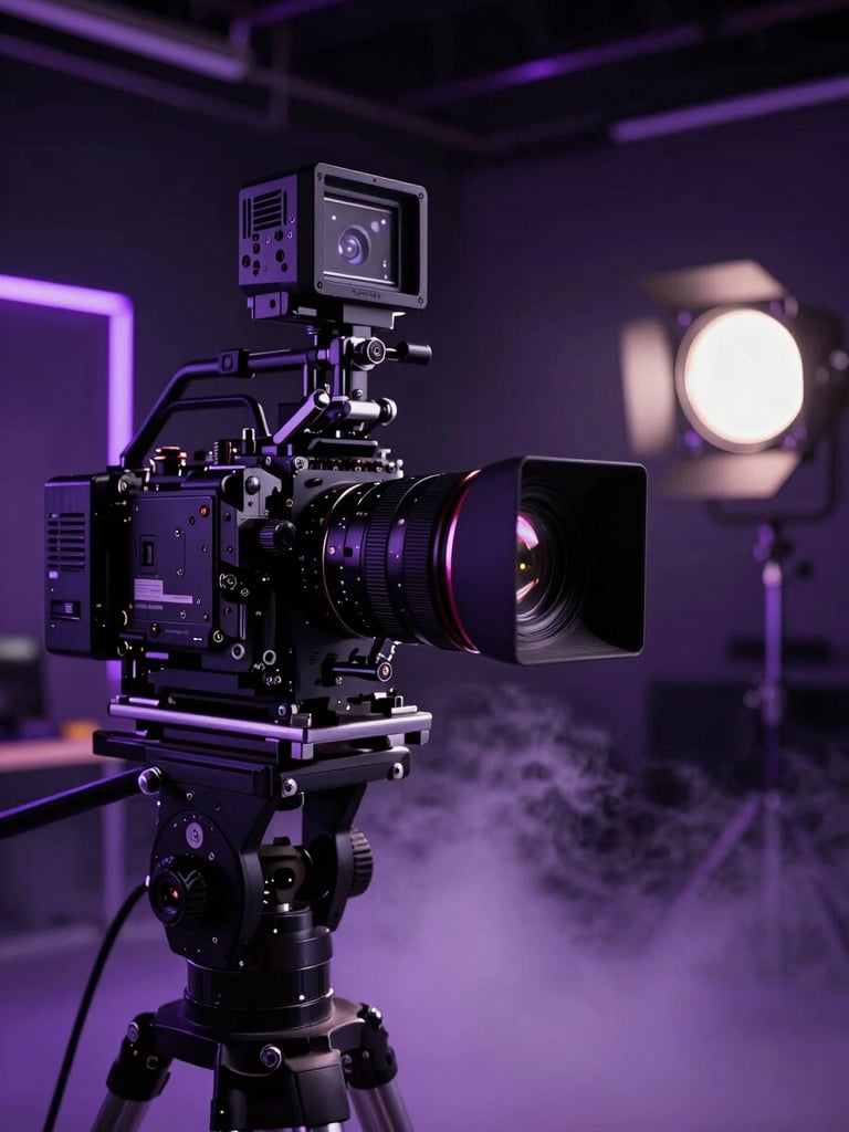 Close-up panoramic shot of a cinematic production studio interior at night, dramatic single-source rim-light casting a violet hue across expensive camera equipment and lighting rigs, metallic surfaces reflecting neon glow, thick atmospheric fog settling at floor level, no people, ultra-high contrast