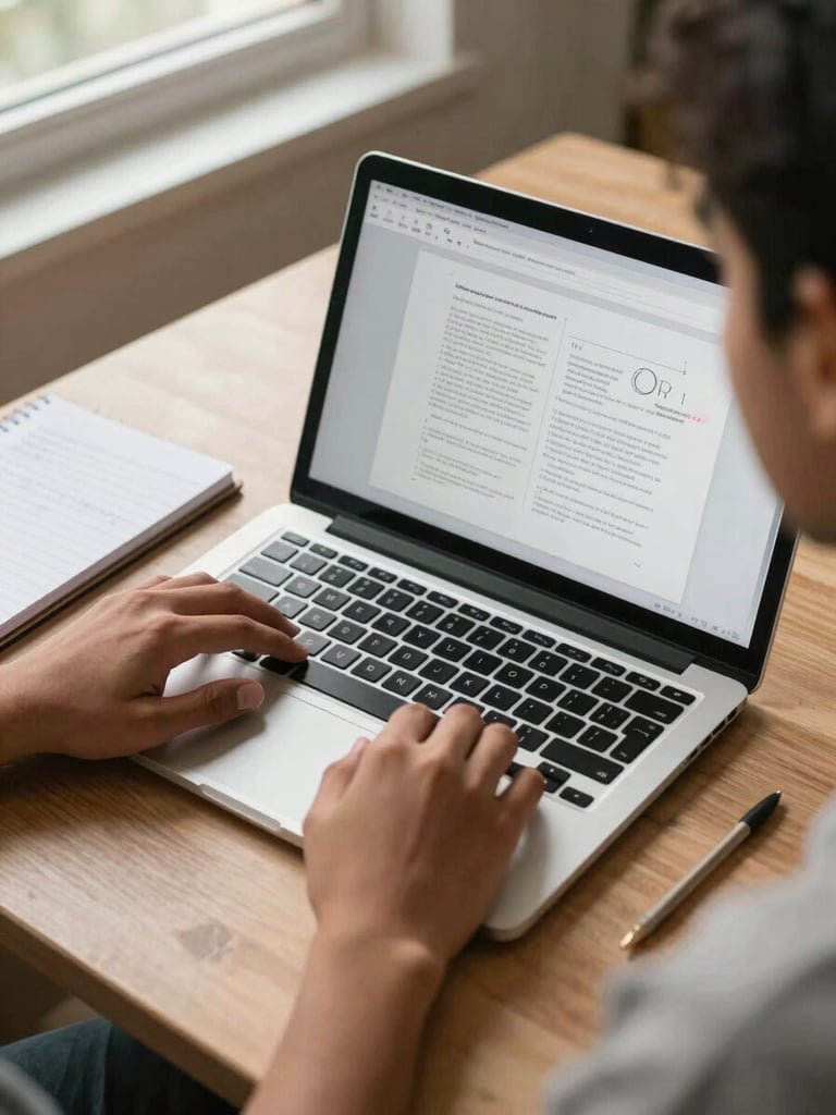 Close overhead shot of a young Indian creator's desk — open laptop with a portfolio draft visible on screen, a notebook with handwritten notes beside it, warm morning daylight coming from a nearby window, hands resting at keyboard edge, crisp and clear, optimistic tone