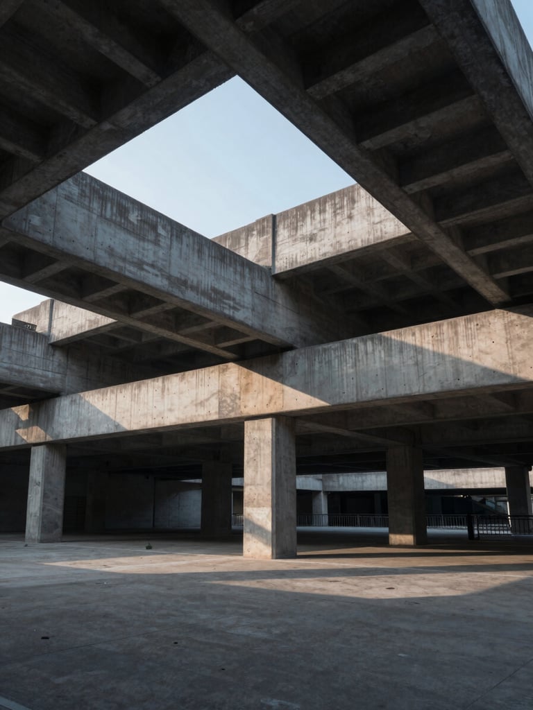Extreme wide-angle architectural shot of concrete and steel infrastructure under cool, diffused early-morning northern light, high-contrast geometric shadows.