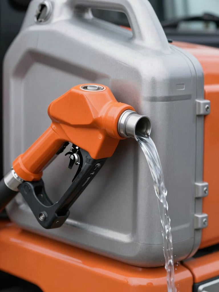 Macro shot of a clean fuel nozzle pouring pure diesel, high-contrast steel and safety orange tones, commercial style, 35mm lens