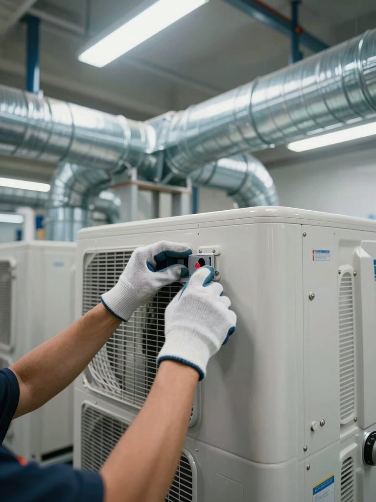 Close-up of a technician's gloved hands commissioning an HVAC unit inside a Qatar commercial facility, steel ducting and conduit visible behind, clinical overhead lighting, wide-angle environmental context showing the scale of the installation