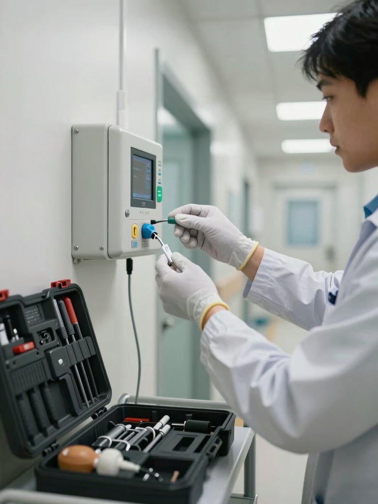 Technician's gloved hands connecting a medical monitoring device to a wall-mounted panel in a clinic corridor, tool kit open on a cart nearby, bright clinical fluorescent lighting, focus on the connection point and cable labeling